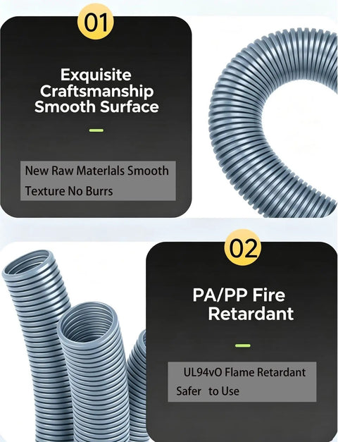 Grey Flame Retardant Corrugated Cable Safety Conduit, Flexible Wave Design Wire Sleeve with smooth surface for heavy duty use.