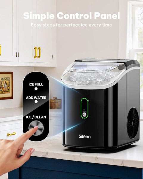 Real Deal Chewable Nugget Ice Maker Countertop Self Cleaning Fast Freeze Pellet Machine Cranks Out Thirty Six Pounds Daily Compact Black Gizmo with control panel.