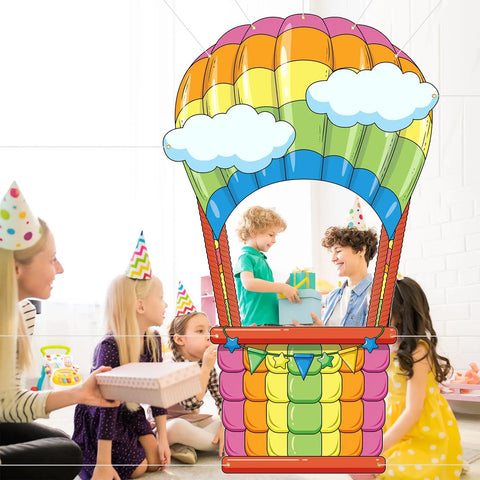 Children with a Hot Air Balloon Photo Booth Props Two Piece Set With Colorful Backdrop Banner For Graduation Parties And Baby Showers.