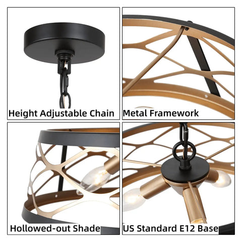 Dope Black And Gold 3 Light Drum Pendant Chandelier With Hollow Metal Shade showing chain, framework, and E12 base