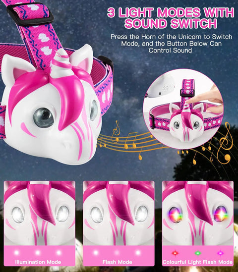 Unicorn Themed LED Headlamp For Kids And Grownups, Hands Free, 3 Adjustable Lighting Modes with sound switch detail