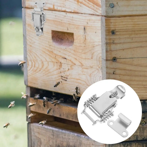 Beefy Stainless Steel Spring Toggle Latch With Lock Hole on wooden beehive, heavy duty clamp for industrial cases and boxes.