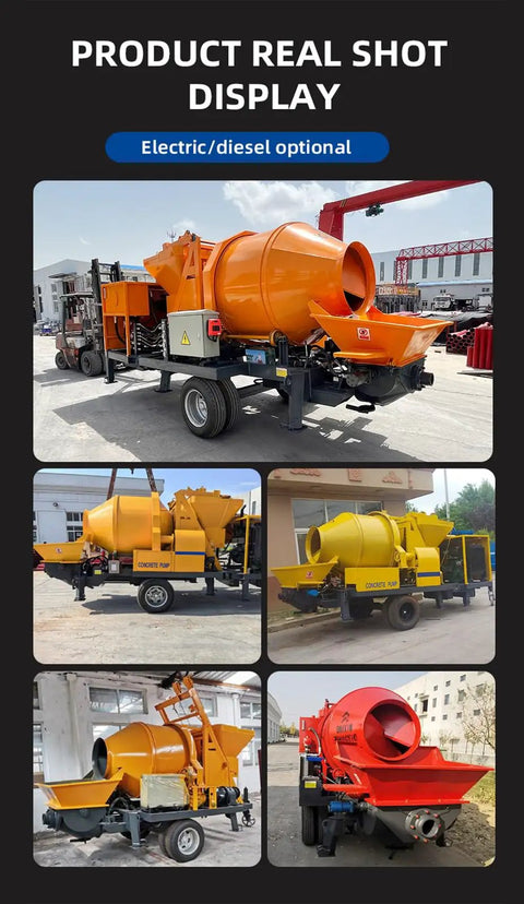 Hardcore Automatic Concrete Mixer Pump With Dead Simple PLC Controls And High Volume Grout Delivery For Foolproof Foundation Pouring And Zero Hassle Job Site Setup displayed in various angles and colors.