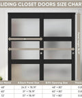 Sliding Closet Door Set With Frosted Glass, 72 Inch Wide By 80 Inch High, Double 37 Inch Panels, size chart shown.