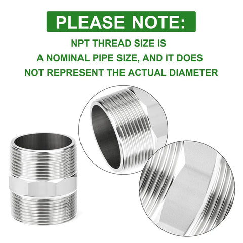 Two-Pack 304 Stainless Steel Hex Nipple 1-1/4 In NPT Male To 1-1/4 In NPT Male Pipe Fitting Adapter, focus on connector threading