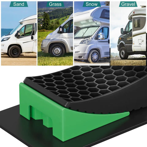 Bulletproof 2 Pack Rv Leveling Blocks With Triple Grip Non Slip Base Heavy Duty Polypropylene Camper Stabilizer Pads for uneven surfaces.