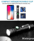 Crazy Bright LED Tactical Flashlight With Rechargeable Battery And Zoomable Beam next to phone and waterproof feature