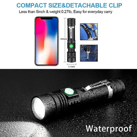 Crazy Bright LED Tactical Flashlight With Rechargeable Battery And Zoomable Beam next to phone and waterproof feature