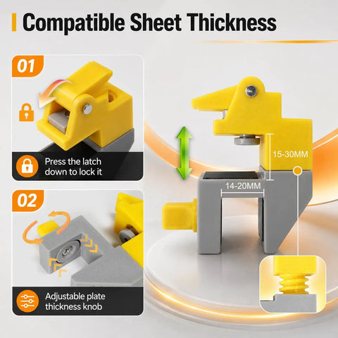 Nail It Scribe Jig Tool Kit With Three Precision Profile Guides And One Adjustable Pencil Scribe Block For Slick Kitchen Filler Cuts And Smooth Wardrobe Installations, showing adjustable plate thickness knob and locking latch.
