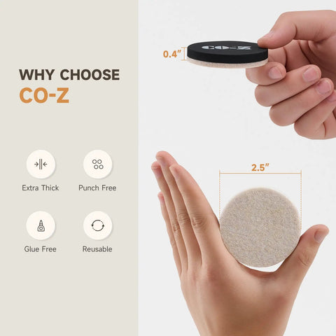 Hand holding 2.5 inch round reusable furniture slider with features text, part of 8 Pack 3.5 Inch Furniture Sliders Gliders Reusable Moving Pads For Carpet And Hardwood Floors Heavy Duty Floor Protectors For Chairs Beds And Cabinets Effortless Moving For Heavy Furniture.