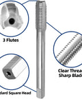 Close-up image of left hand tap, 3 flutes, standard square head, sharp blade for Left Hand Tap And Die Set For One Quarter Inch Twenty UNC Machine Threads, Pro Grade High Speed Steel Tap And Alloy Tool Steel Die, Precise 2B And 2A Accuracy For Clean, Repeatable Cuts.