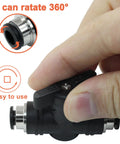 Hand holding 5 Pack 6mm Pneumatic Ball Valve With Push To Connect Quick Connect Fittings For Air Lines, demonstrating 360-degree rotation