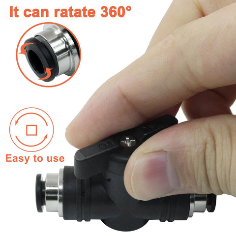 Hand holding 5 Pack 6mm Pneumatic Ball Valve With Push To Connect Quick Connect Fittings For Air Lines, demonstrating 360-degree rotation