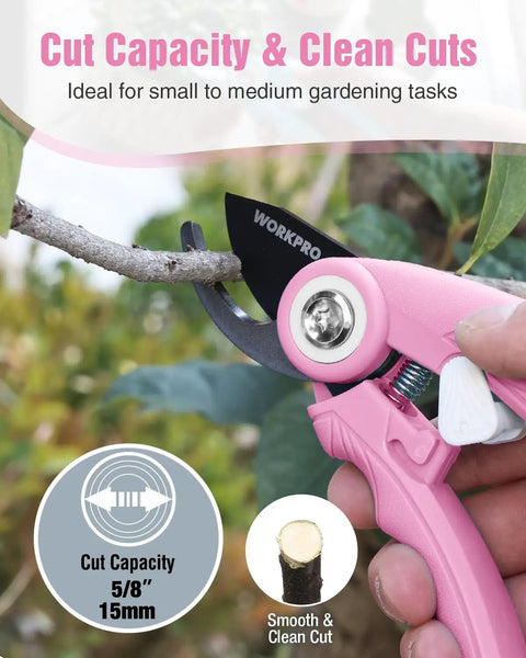 6.9 Inch Bypass Pruning Shears With Sharp SK5 Steel Blade For Roses, Plants And Flowers cutting a branch, ergonomic pink handle