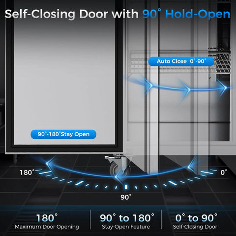No Hassle 72 Inch Three Door Commercial Refrigerator Stainless Steel Reach In Upright Fridge self-closing door with 90° hold-open feature.