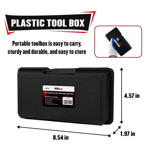Black plastic toolbox with YIYTOOLS 7-piece brake line flaring kit; compact 8.54in x 4.57in x 1.97in