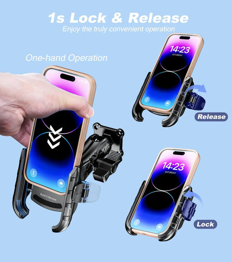Anti Vibration Phone Mount With Vibration Dampener And 1s Lock Release in use, showcasing quick release mechanism with smartphone