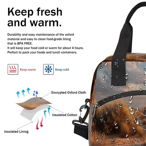 Desert Landscape Insulated Lunch Bag for Women and Men with thermal layers and adjustable strap detail.