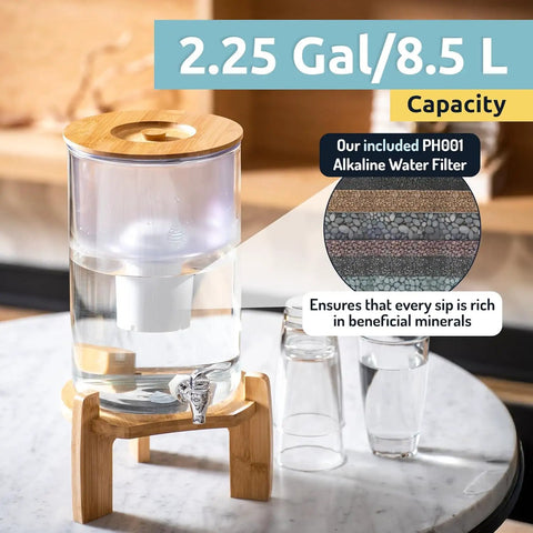 Glass Alkaline Water Dispenser With pH Up To Nine And Filter System, countertop purifier pitcher with bamboo stand, 2.25 gal capacity