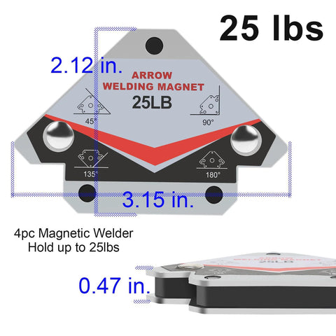 Heavy duty welding magnets with 25 lb arrow-shaped design for precise angles, ideal for metal fabrication and alignment.