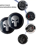 Badass American Flag Wheel Hub Cap Kit 4 Pack Slick Metal Center Hub Covers on truck tires with bold skull design.