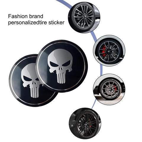 Badass American Flag Wheel Hub Cap Kit 4 Pack Slick Metal Center Hub Covers on truck tires with bold skull design.