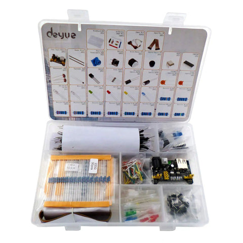 Electronic Starter Kit For Arduino And Raspberry Pi With Power Supply Module Jumper Wires Large Resistor Variety And Breadboard 400 Tie Point For Diyers And Tinkerers in an organized plastic storage box