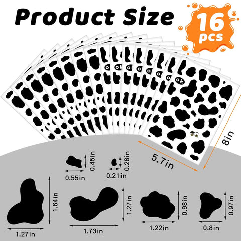 Cow Print Stickers Set 600 Pcs Self Adhesive Wall Decals Waterproof Vinyl For Bathroom Nursery Bedroom Living Room Walls Easy Peel And Stick Dope Cow Themed Wall Art Vibes For Any Space, showing product size and variety in sheets.