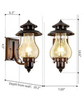 No Fuss Dusk To Dawn Sensor Outdoor Wall Sconce, oil rubbed brown, with crackle glass, dimensions labeled, rustic outdoor lantern.