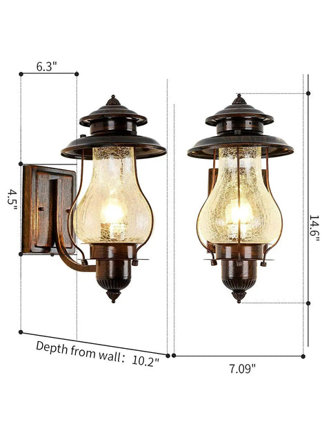 No Fuss Dusk To Dawn Sensor Outdoor Wall Sconce, oil rubbed brown, with crackle glass, dimensions labeled, rustic outdoor lantern.