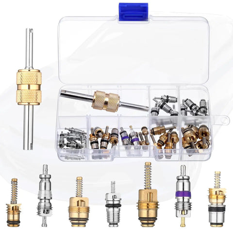 Air Conditioning Valve Core Kit With 270 O Rings, 60 Gasket Seals, 77 Dust Caps and 39 Valve Cores for R12 R134a Systems, kit open showing valve cores