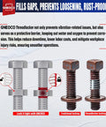 ThreadLocker Red high-strength thread lock (50ml); bolts with red sealant shown beside rusted locking bolts.