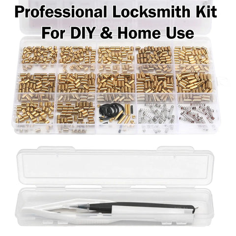 Keyway Rekey Kit For Home Security And Door Locks with master pins, bottom and top pins, springs, and locksmith tools in box.