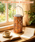 Sunflower Solar Lanterns Outdoor Waterproof Hanging Lights For Yard Patio Porch Garden Decor on a windowsill with vintage cutout patterns
