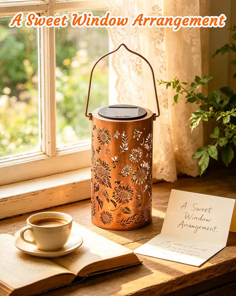 Sunflower Solar Lanterns Outdoor Waterproof Hanging Lights For Yard Patio Porch Garden Decor on a windowsill with vintage cutout patterns