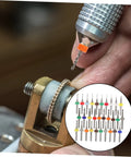 Close-up of hand using 30 Piece Tungsten PCB Drill Bit Set for Hand Drill and Jewelry Making, bits displayed in insert.