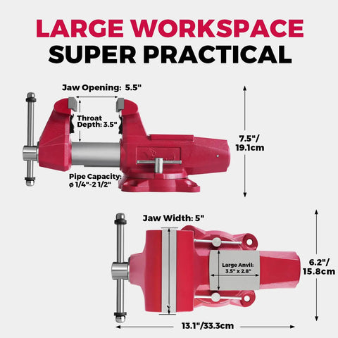 Heavy Duty 5 Inch Bench Vise With Anvil And 360 Degree Swivel Base For The Home Shop, 5 Inch Jaw, 5.5 Inch Opening, 3.5 Inch Throat, Pipe Jaws One Quarter To Two And One Half Inches, Built From Tough Ductile Iron, shown with dimensions and anvil