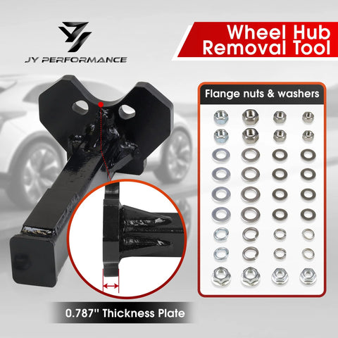 Universal Wheel Bearing And Hub Removal Tool Kit showing steel puller and assorted flange nuts and washers.