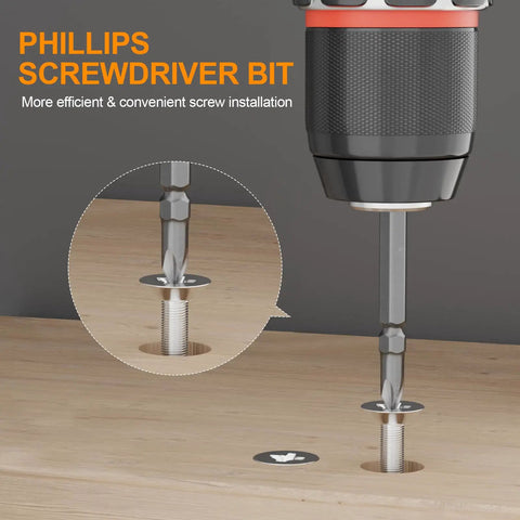 Heavy Duty 1/8X3/8 Countersink Drill Bit Kit With Phillips Driver shows efficient screw installation with a close-up of the bit.