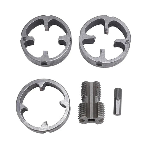 Senecesli Pvc Pipe Threader Kit includes three cutting heads and a threaded piece for precise plumbing on plastic pipes.