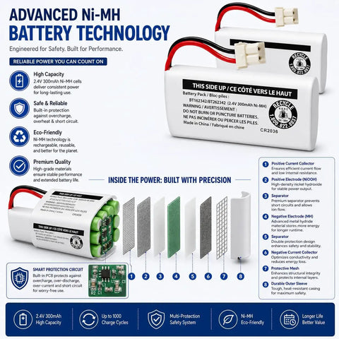 Image of Dead Simple Swap Two Pack 2.4 Volt 300Mah NiMh Rechargeable Batteries For Vtech Cordless Phones showing features and specifications.
