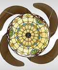 42 Inch Ceiling Fan With Light And Remote Featuring Four Slick Retractable Tiffany Chandelier Blades, top view with intricate stained glass design.