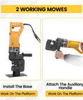 Beefy 1800W 20Ton Electric Hydraulic Hole Puncher With Five Dies shown with base installation and auxiliary handle attachment.