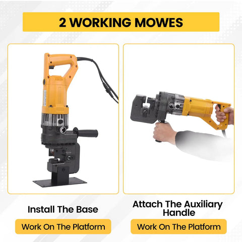 Beefy 1800W 20Ton Electric Hydraulic Hole Puncher With Five Dies shown with base installation and auxiliary handle attachment.