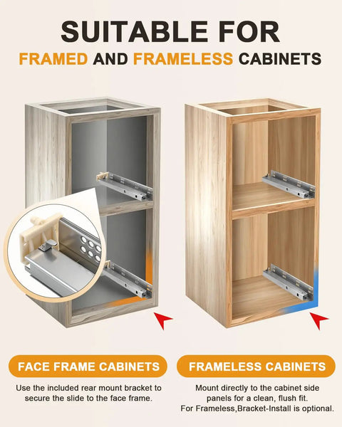 18 Inch Soft Close Undermount Drawer Slides 2 Pairs With Concealed Rear And Bottom Mount Rails for face frame and frameless cabinets