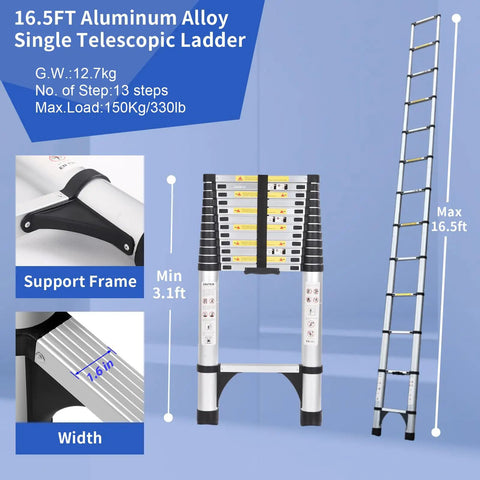 Aluminum Telescoping Ladder 16 Point 5 Feet Extension with triangle stabilizers and anti-slip wide pedals shown extended and folded.