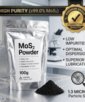 Pro Grade MoS2 Powder 100g 99 Percent Pure Molybdenum Disulfide Ultrafine 1.3 Micron Dry Lubricant packaging