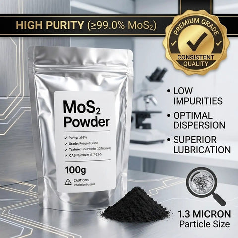 Pro Grade MoS2 Powder 100g 99 Percent Pure Molybdenum Disulfide Ultrafine 1.3 Micron Dry Lubricant packaging