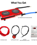 Smart LiFePO4 BMS 12V 200A Battery Management System with components, including balance cable, Bluetooth module, and NTC sensor.