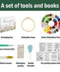Beginner Embroidery Stitch Book With Detachable Fabric Panels, Complete Tool Kit showing tools like hoop, floss, and needles